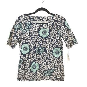 NEW Talbots Blue White Floral Pima 3/4 Sleeve Scallop Neck Top XS